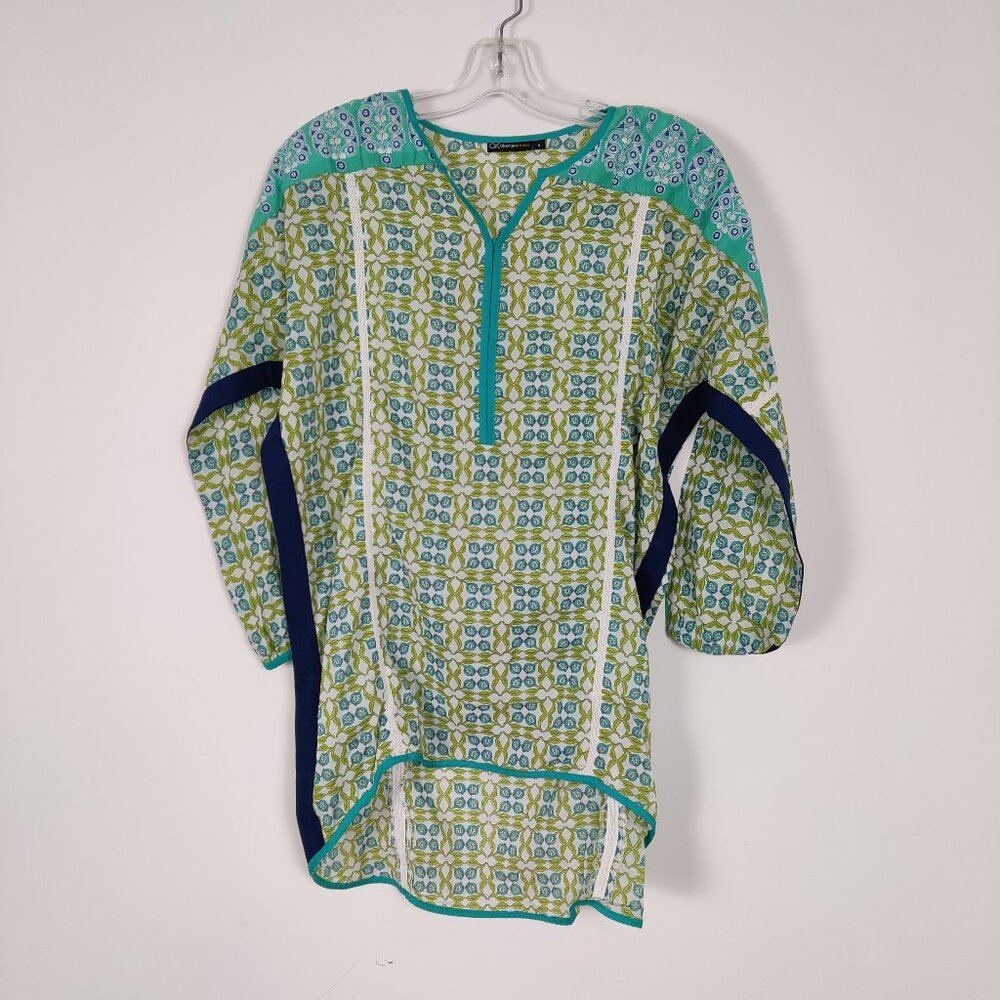 Alkaram Studio Women's Blouse Size S White Blue Green Floral High Low Bohemian